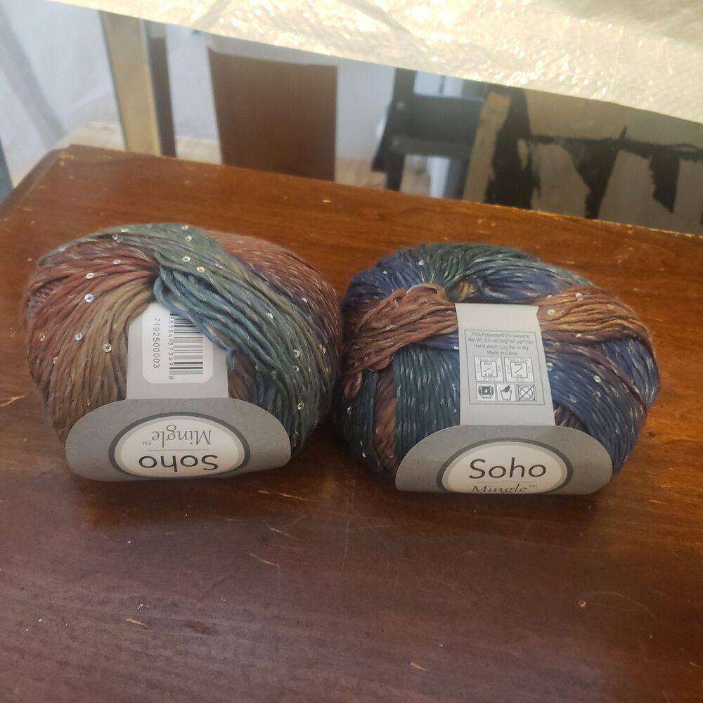 NEW SOHO Mingle yarn variegated yarn-blue, green, brown, tan w sequins 2 skein